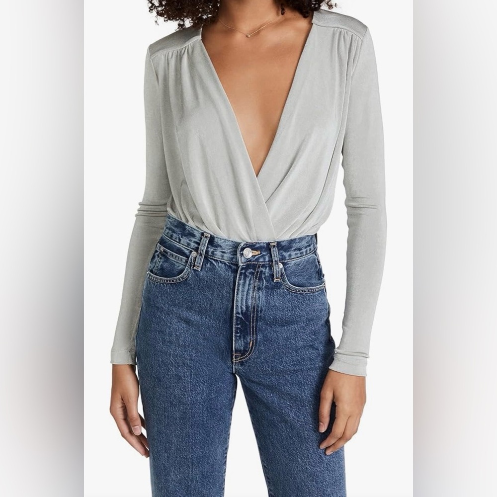Free People Turnt Draped Bodysuit Silver Deep V-Neck Long Sleeve Shimmer Medium